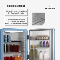 Klarstein Audrey Evo 68L Retro Mini Kühlschrank - Leise 40 dB, Kompakter Kühlschrank Klein mit Verstellbaren Füßen, Wendetür, Mechanischem Thermostat, Blau, Ideal für Schlafzimmer und Büros — thumbnail 8