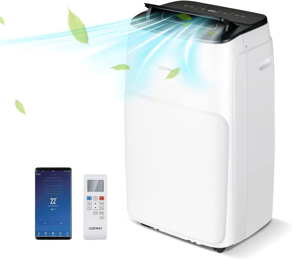 COSTWAY Mobiele airconditioning met afvoerslang, 14000 BTU, voor ruimtes tot 135 m³, 5-in-1 airconditioner voor koelen, verwarmen, ontvochtigen, ventileren en slaapmodus, app/afstandsbediening — afbeelding 1