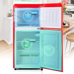 Retro koelkast. Freezer -combinatie. 88,8 cm hoog, 45,5 cm breed, twee dader, met een totaal van 60 liter totaal volume, 22 liter vriezervolume. 102 kWh/jaar, -27 ° C ∽ 13 ° C, LED -licht. Premium rode energieklasse E — thumbnail 13