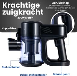 Saaf G90M Steelstofzuiger met Dweilfunctie - 8-delige set met Buigbare Steel - 26.5Kpa - Stofzuiger zonder Zak - 200W - Draadloos - Zwart — thumbnail 2