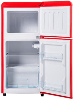 Retro koelkast. Vriescombinatie. 88,8 cm hoog, 45,5 cm breed, tweedeurs, met een totaal volume van 60 liter, een vriescapaciteit van 22 liter. 102 kWh/jaar, -27 °C ∽ 13 °C, ledverlichting. Premium rood, energieklasse E. — thumbnail 13