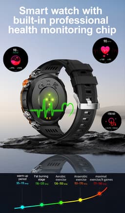 Knobbout 1.7" Outdoor Smartwatch – Digitale Kompas - LED & UV Licht -600mAh batterij - Bluetooth Bellen- IP68 Waterdicht -AI Spraakassistent - Gezondheid & Sportfuncties -Zwart staal + Siliconen Band — thumbnail 13