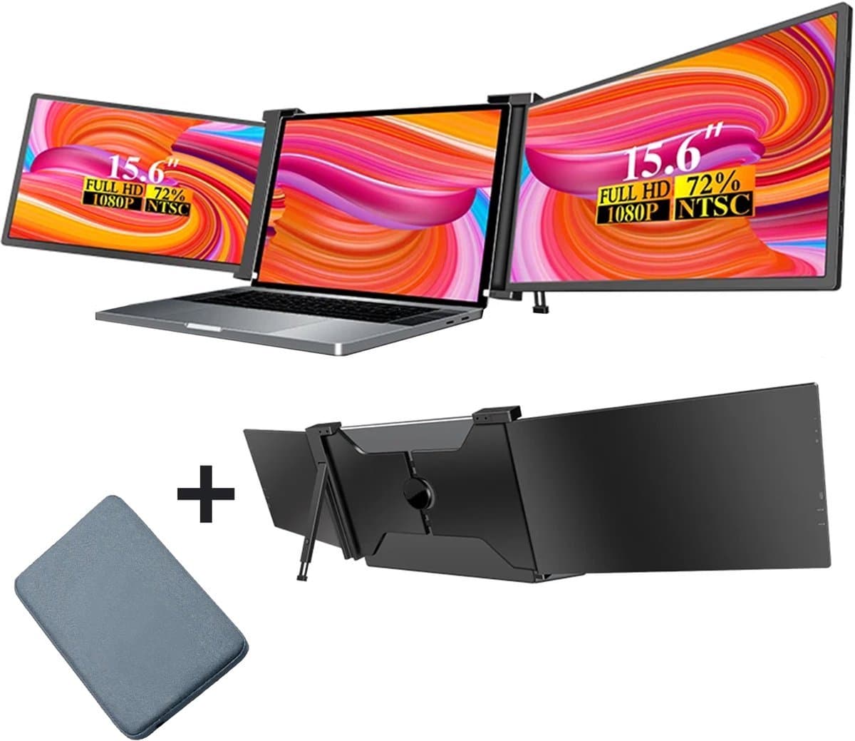 Portable Monitor Triple - Full HD - Geschikt Voor 15” / 18,1” Tri-Screen - Laptop Scherm Uitbreider - Inclusief Beschermhoes en Kabels — afbeelding 1