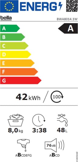 Bella BWA8014.1W - Wasmachine - Stoomfunctie - Energielabel A - 8KG - 1400 Toeren - 16 Wasprogramma's - Wit — thumbnail 2