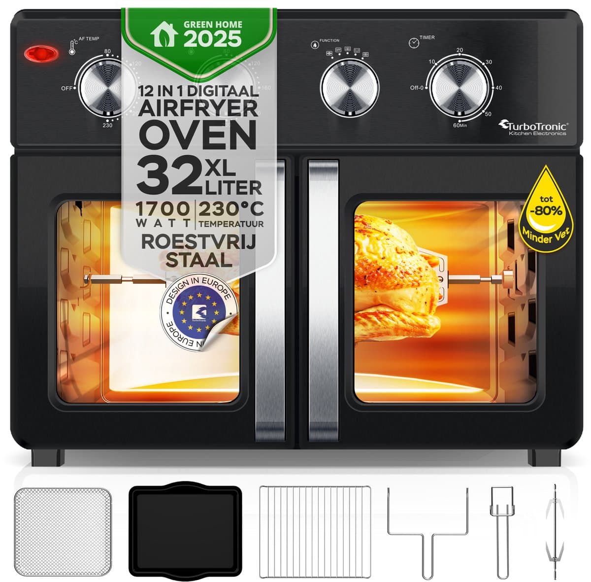 TurboTronic AF32MFD Airfryer Oven XXL – Dubbele Deur – 32L Vrijstaande Mini Oven – Heteluchtoven – Zwart — afbeelding 1