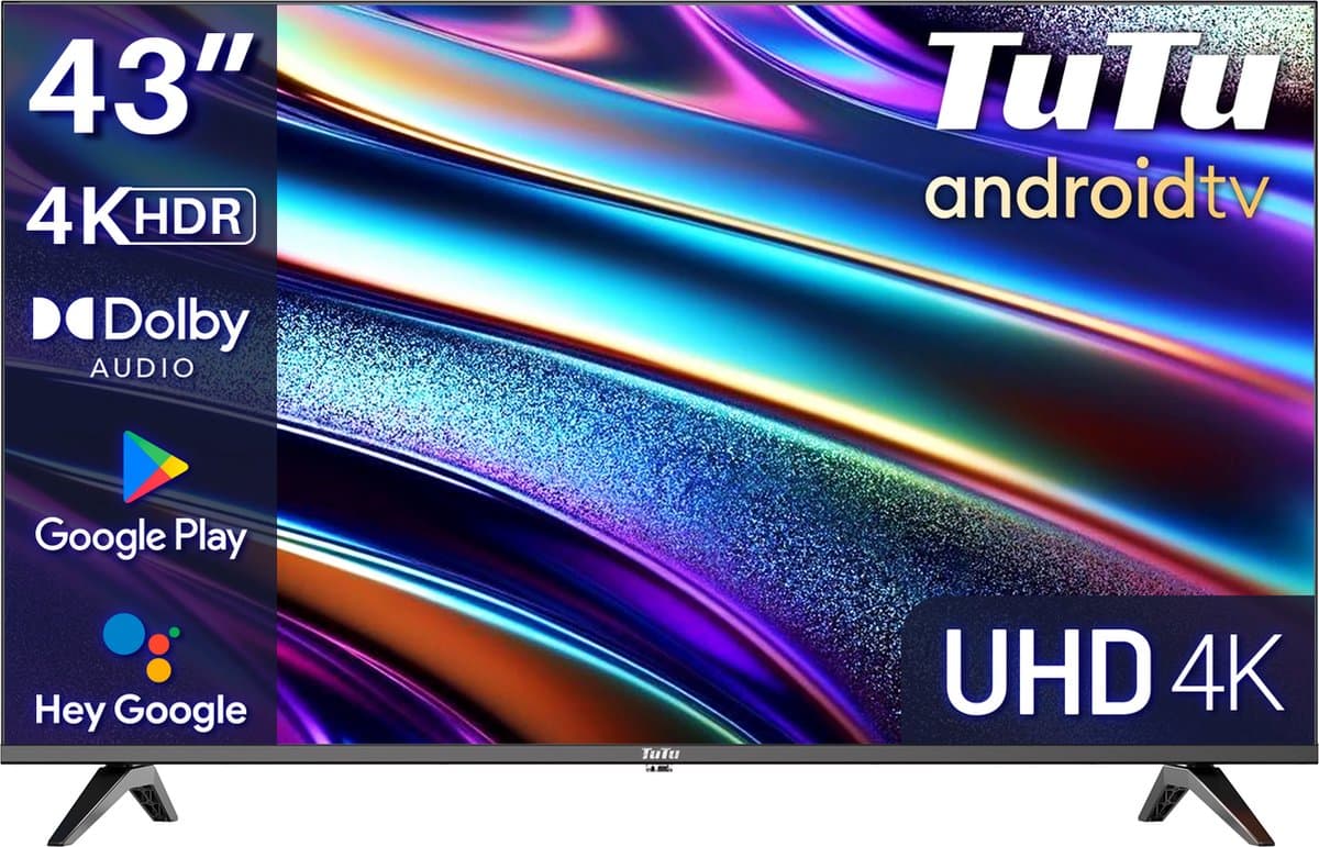 TuTu Android Smart TV - LED 4K UHD - 43 inch/110 cm - Frameless Design - Tripple Tuner DVB-T/T2/S/S2/C - HDMI x3, USB x2, CI+ - Voice Controle & Streaming apps - Geassembleerd in Eindhoven - TUS43UQ1A — afbeelding 1
