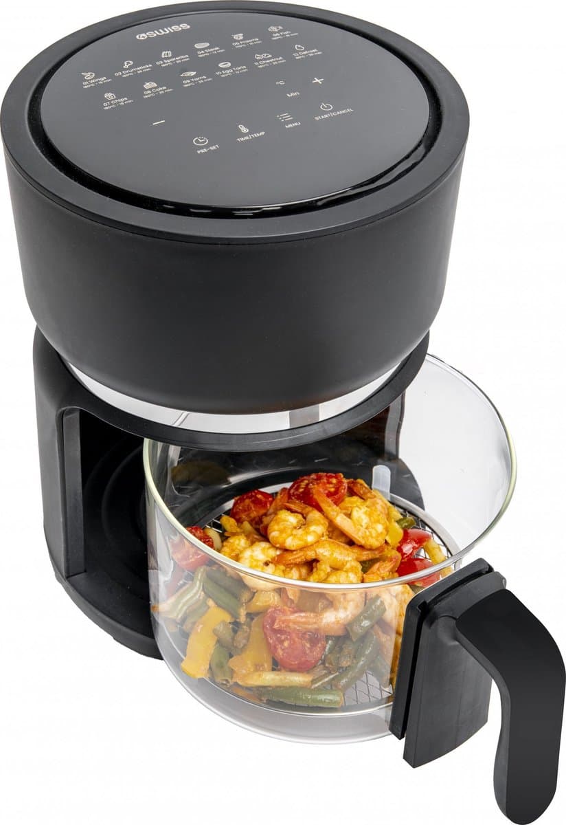 4SWISS ABB-G24 Pure Glass - Airfryer - Heteluchtfriteuse - 1200W - 3L - Touchscreen - Glazen bak - Zwart — afbeelding 1
