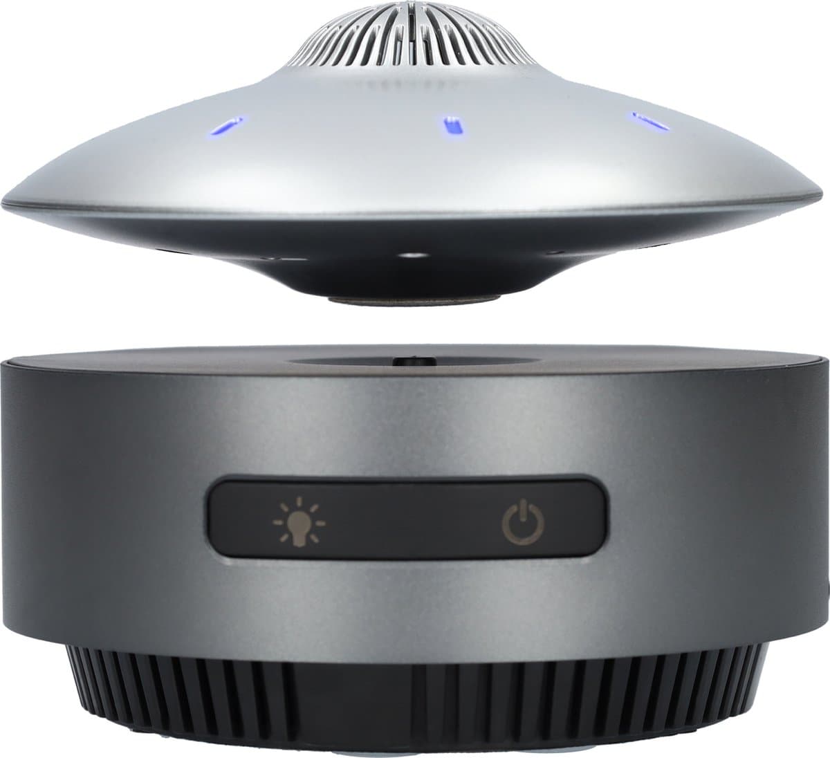 UFO BlueTooth speaker die écht zweeft door magneten! - Draadloos - Muziek box speelgoed met ingebouwde lampen - Vliegende schotel is USB-C Oplaadbaar - 14cm Diameter - Zilver en Donkergrijs — afbeelding 1