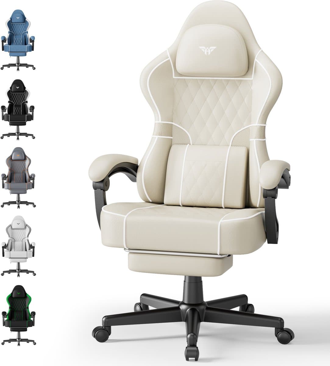 Soontrans-Beige-Gaming Stoel-met Inklapbare Voetensteun-Gamestoel Verstelbaar Rugleuning-Ergonomische Gaming Chair als Bureaustoel-Uitgerust Met Hoofdsteun en Lendensteun-PU-Leer-Computerstoel Gaming-Voor Volwassenen en Jongeren — afbeelding 1
