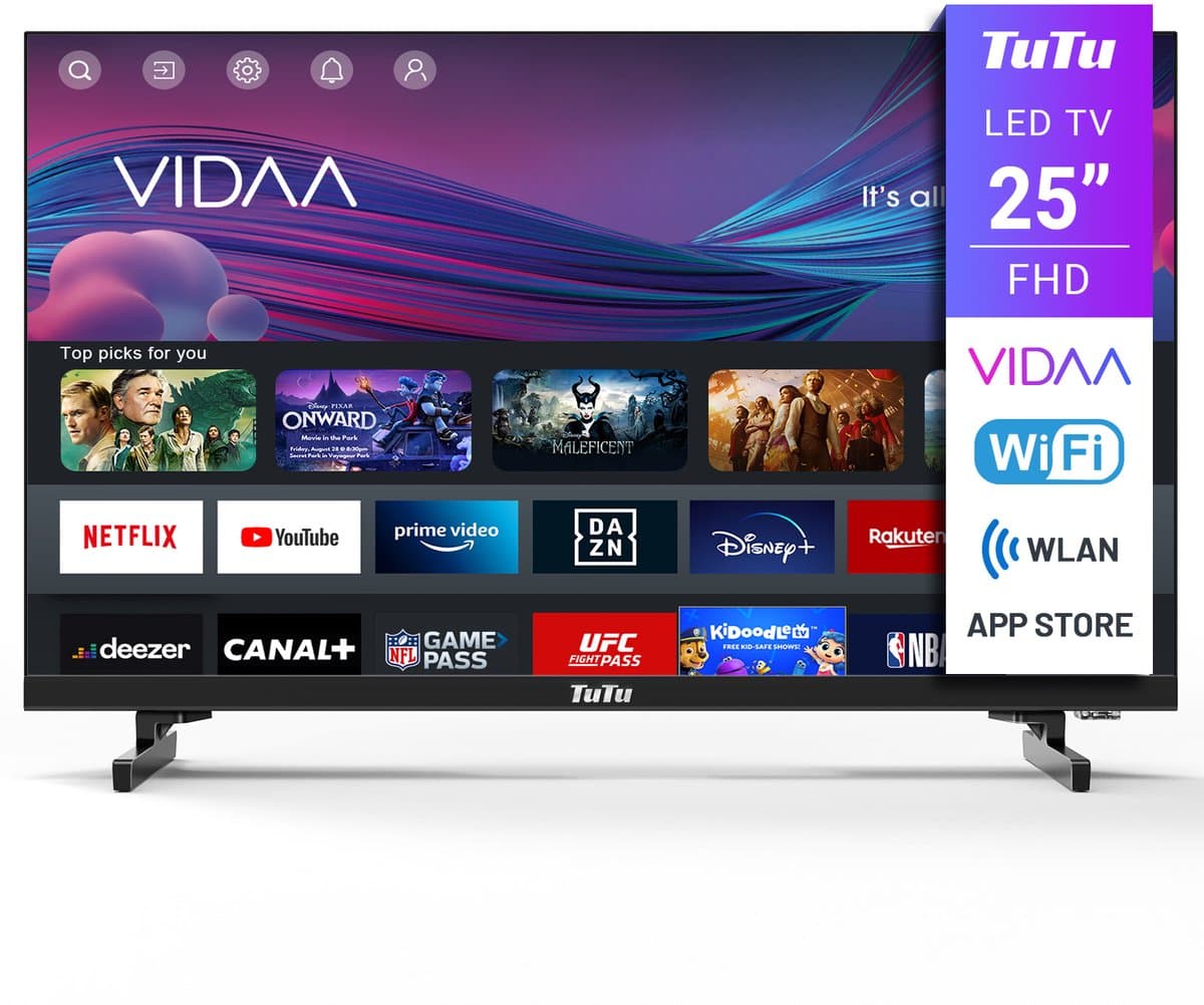 TuTu VIDAA Smart TV - LED Full HD - 25 inch/64 cm - Frameless Design - Tripple Tuner DVB-T/T2/S/S2/C - HDMI x3, USB x2, CI+ - Streaming apps - Hotel Mode - TUV25FQ1B — afbeelding 1