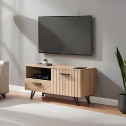 Modern TV-meubel met Lade en Deur - Lowboard in Eikenlook en Zwart — thumbnail 1