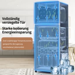Retro koelkast. Koel-vriescombinatie, 105,5 cm hoog, 41 cm breed, twee deuren, met een totaal volume van 92 liter, vriesvolume van 28 liter. Deurvakken en glazen planken. 116 kWh/jaar, -27 °C ~13 °C, ledverlichting, wit — thumbnail 10