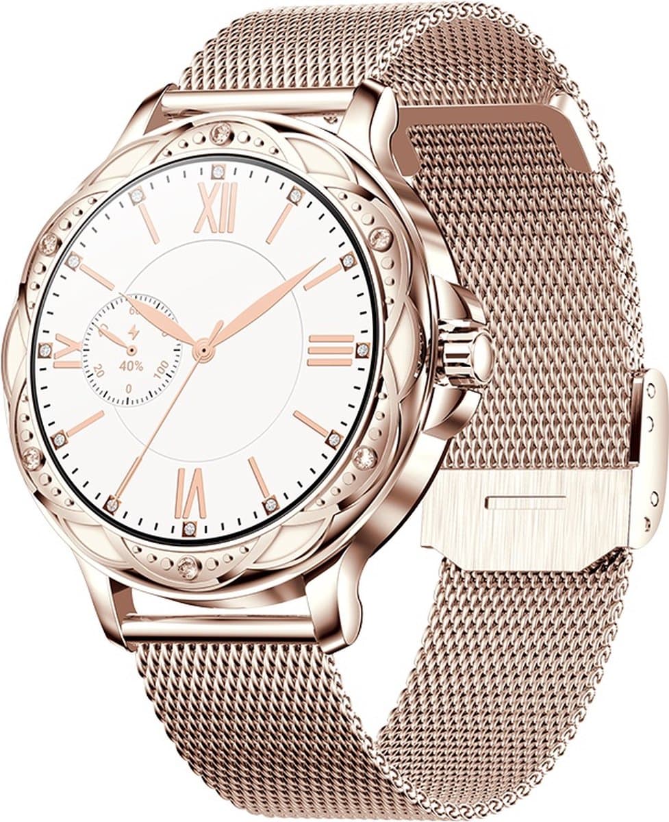 Belesy® Cheer - Smartwatch Dames – Stappenteller – Calorieën –Hartslag – Sporten –Je eigen foto als wijzerplaat - Full Touch – Goud - Milanees — afbeelding 1