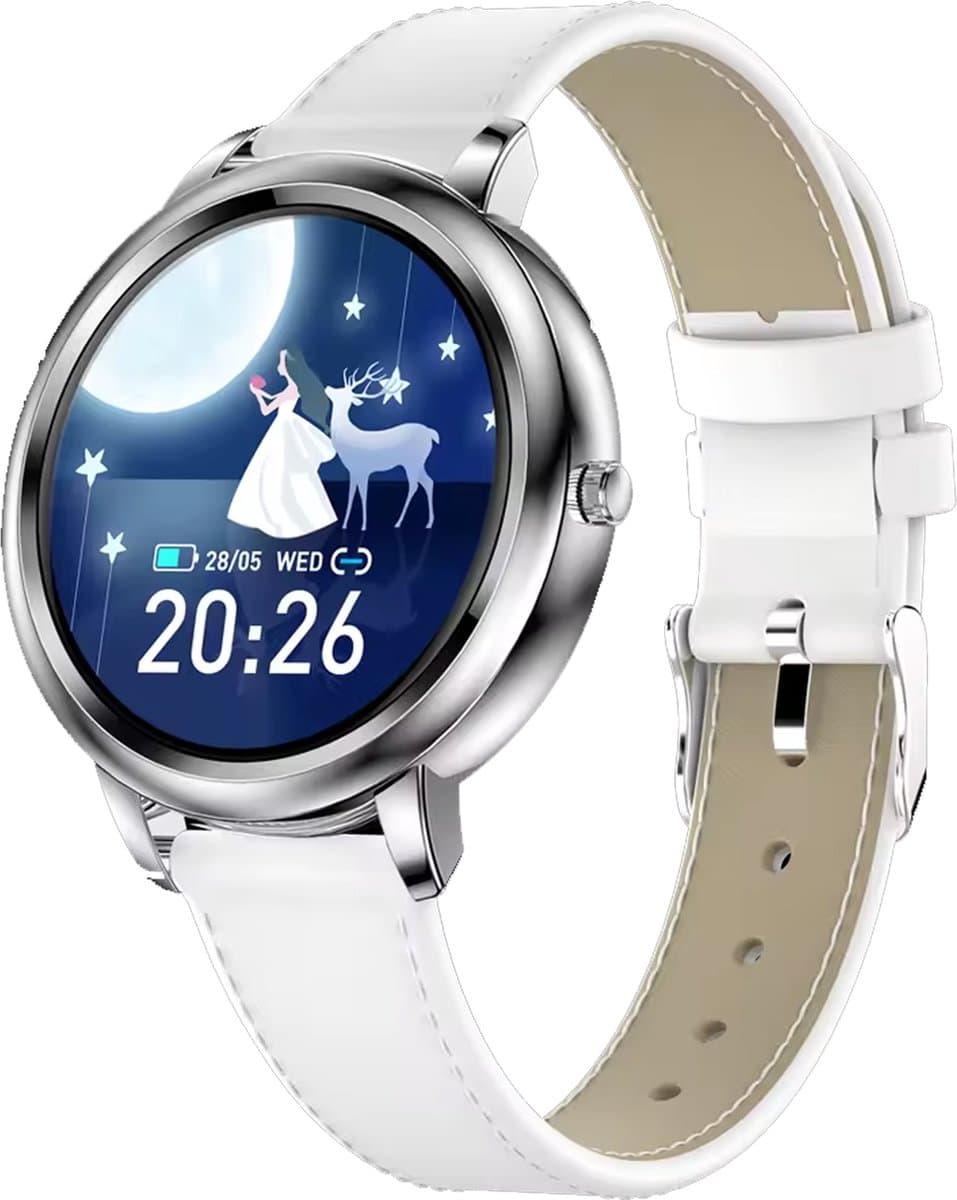 Darenci Smartwatch Classy Pro - Smartwatch dames - Smartwatch heren - Activity Tracker - Touchscreen - Lederen band - Dames - Heren - Horloge - Stappenteller - Bloeddrukmeter - Verbrande calorieën - Zuurstofmeter - Zilver - Wit - Spatwaterdicht — afbeelding 1