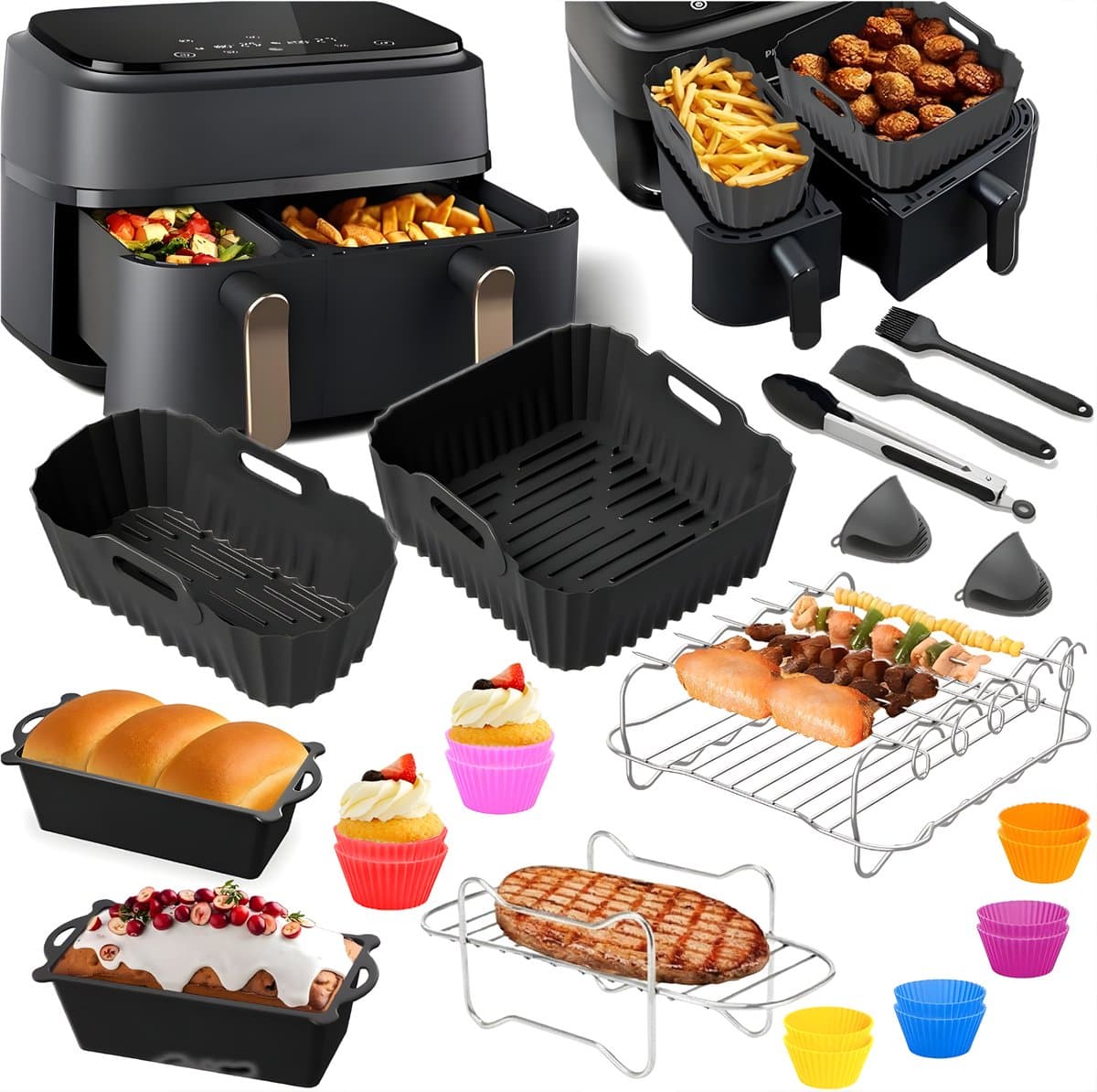 Somstyle Accessoires Set Geschikt voor Philips Dual Basket 3000 & 5000 Dubbele Airfryer - 23-Delig - Cup Cake Bakvorm - Heteluchtfriteuse Mandje - Zwart — afbeelding 1
