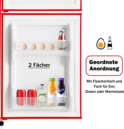 Retro koelkast. Freezer -combinatie. 88,8 cm hoog, 45,5 cm breed, twee dader, met een totaal van 60 liter totaal volume, 22 liter vriezervolume. 102 kWh/jaar, -27 ° C ∽ 13 ° C, LED -licht. Premium rode energieklasse E — thumbnail 11