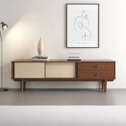 Tv-kast van massief hout met 2 laden en 2 schuifdeuren voor tv's tot 75 inch in Scandinavische vintage stijl — thumbnail 2