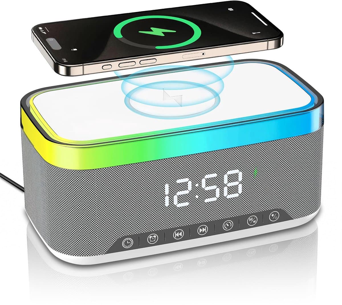 Namajunas - 5-in-1 Wireless LED Speaker - Draadloos - Bluetooth Speaker - 6 Ambient-lampen - Digitale klok, LED-display - Draadloze Muziek Box - Draadloze Oplader - Wireless charger - GSM Lader - voor iPhone/Android/iPad/Samsung - Cadeau — afbeelding 1