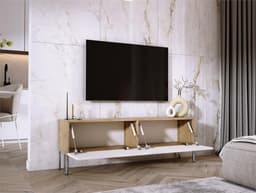 Modern TV-meubel - Dressoir Media Console - Woonkamer Entertainment - Laag Ontwerp - 140x52x32 cm - Eiken Wit Chroom — thumbnail 3
