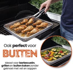Braadslede met Afkoelrooster 304 RVS - 26,4 x 20,5 x 3 cm – Bakplaat voor Oven, BBQ & Airfryer – Zilver — thumbnail 6