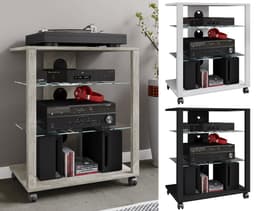 VCM hifi-kasten, platenspelerkast, stereokast, hifi-rekken, routerstandaard, hifi-rekken en -standaards, witte platenspelerstandaard, draaitafelstandaard met opbergruimte voor vinylplaten, platenspelermeubel, glazen tv-meubel, mediameubel — thumbnail 8