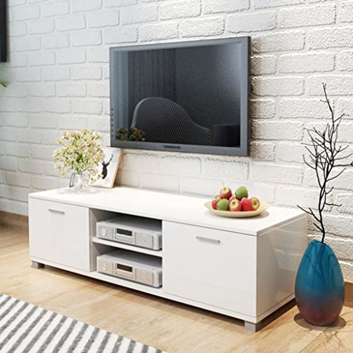 Moderne TV-tafel met 2 Etages en Deuren - Wit Glanzend 140 x 40,3 x 34,7 cm — afbeelding 1