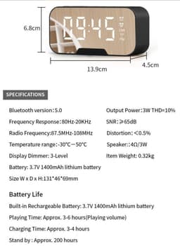 Digitale wekker met bluetooth speaker, radio, spiegel en TF ingang. — thumbnail 2