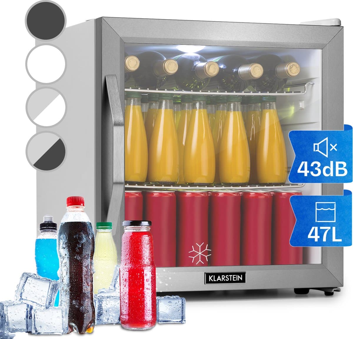 Klarstein Mini Koelkast met Glazen Deur, Mini Koelkast voor Kamer, Kleine Drankkoelkast met Verstelbare Planken, Kleine Koelkast 47 Liter, Indoor/Outdoor Koelkast Stil - Drankenkoelkast - LED-Binnenverlichting Compact - RVS — afbeelding 1