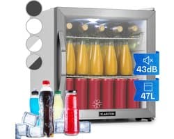 Klarstein Mini Koelkast met Glazen Deur, Mini Koelkast voor Kamer, Kleine Drankkoelkast met Verstelbare Planken, Kleine Koelkast 47 Liter, Indoor/Outdoor Koelkast Stil - Drankenkoelkast - LED-Binnenverlichting Compact - RVS