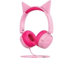 ProMate® Bedrade Kinderhoofdtelefoon, Premium Afneembare Kattenoor Kinderheadset met Microfoon, 85dB tot 95dB Geluidsregeling, AUX Deelpoort en Zachte Kussens, voor Smartphones, Laptops, Mp3-speler, Jewel BubbleGum