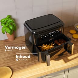 KitchenBrothers Dubbele Airfryer - PFAS-Vrij - 2400W - Dual Zone - 9L - Snackverdeler - Heteluchtfriteuse - Airfryer XXL - 10 Kookprogramma's - Zwart — thumbnail 4