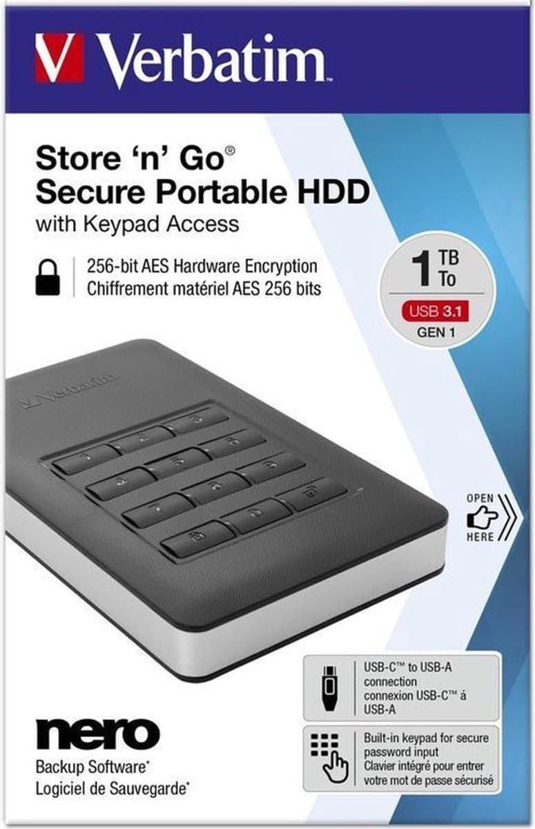Verbatim Store'n'Go Secure 1TB externe harde schijf zwart — afbeelding 1