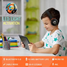 PowerLocus Buddy Draadloze On-Ear Koptelefoon voor Kinderen, LED lampjes, 85db Limiet, met Microfoon, Micro SD poort - Upgrade Zwart/Oranje — thumbnail 9