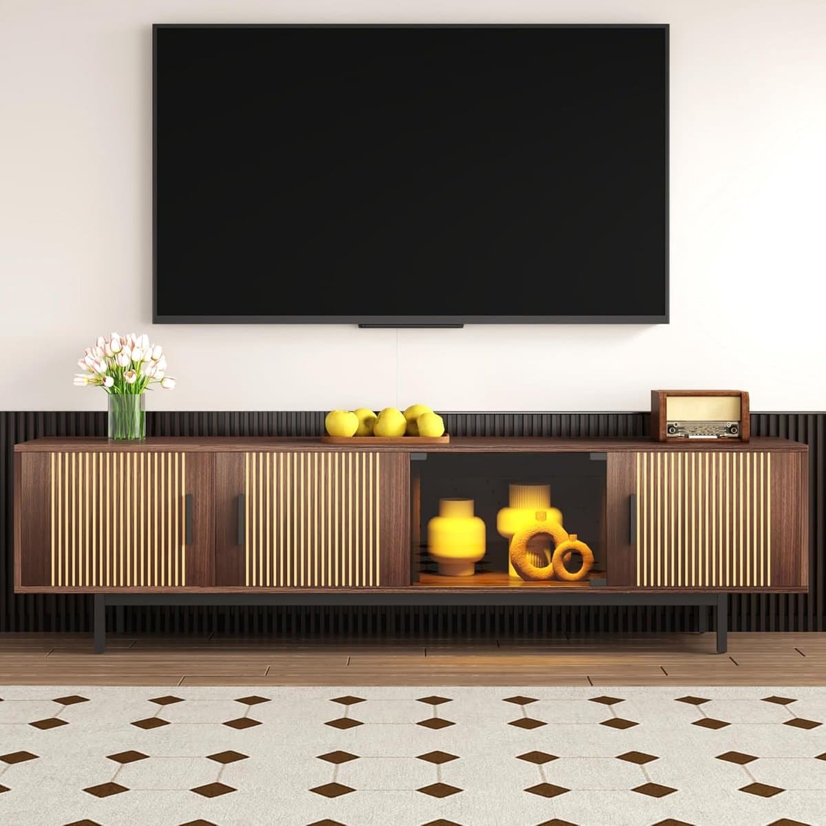 TV-kast - Lowboard Media Console - Woonkamer Entertainment - Led Verlichting App Bediening - 200x35x53 cm - Zwart Hout — afbeelding 1