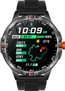 Knobbout 1.46” Sport Smartwatch met Extra Lange Batterijduur – 1000mAh - LED-zaklamp & kompas - AI Spraakassistent - Bluetooth Bellen - 100+ Sportmodi, IP68 Waterdicht -Zwart Silicone — thumbnail 1