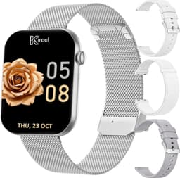 Kiraal Aura AMOLED Smartwatch voor Dames – 4 Bandjes (RVS, Nylon & 2x Siliconen) – Hartslagmeter – Stappenteller – Slaapmonitor – Multisport – Compatibel met Android & iOS – Zilver en Wit — thumbnail 1