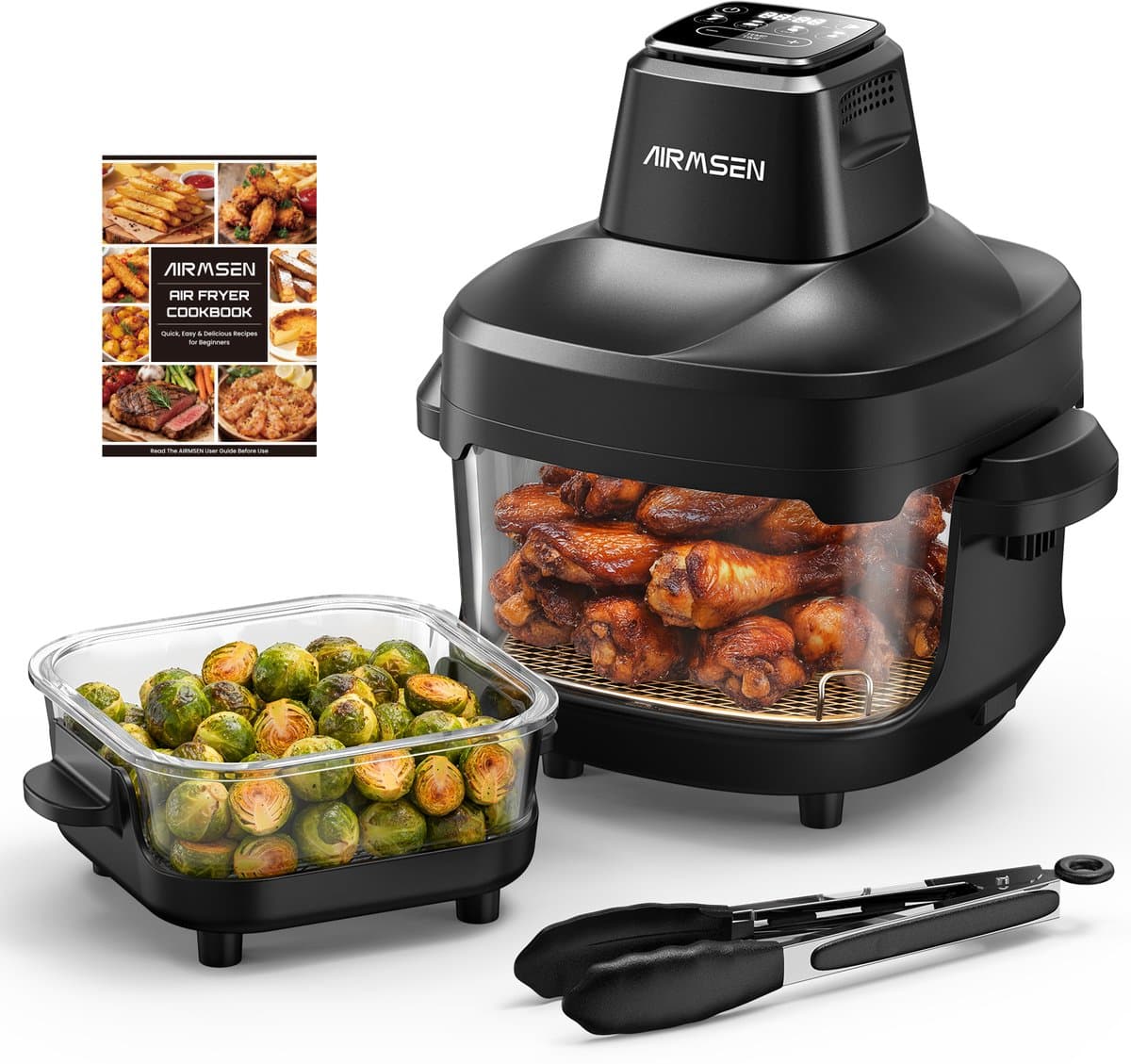 AIRMSEN Airfryer - Heteluchtfriteuse - Volledig zichtbaar venster - 1500W - Met 2 glazen frituurmanden (4,5L & 1,2L) - PFAS-vrij - 4 kookprogramma's - Eenvoudig te reinigen - Zwart — afbeelding 1