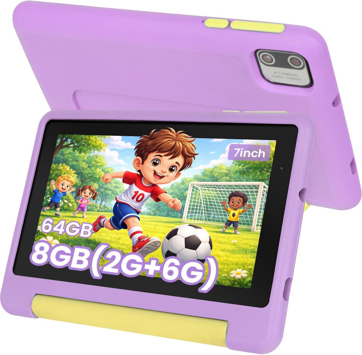 Kindertablet 7 inch - 128GB (64GB+64GB) + 8GB RAM - Tablet - Inclusief Beschermhoes en 64GB SD-kaart - Ouderlijk Toezicht & Lange Batterijduur - Paars — afbeelding 1