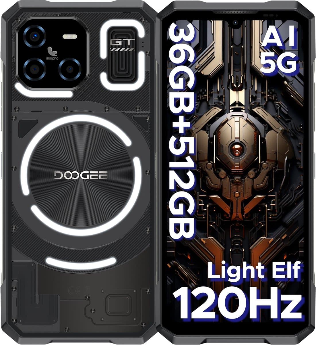 DOOGEE BLADE GT ULTRA Telefoon Draagbare Incassable Android 14, Dunne 10.5mm 36GB + 256GB Smartphone LED Effecten 100MP Camera,Zwart — afbeelding 1
