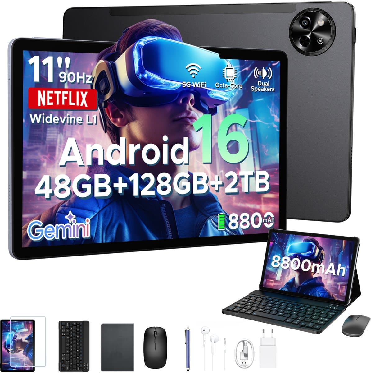 POCKAM P11 Tablet - 48GB RAM+128GB ROM/TF 2TB - Android 16 - 11 inch tablet 90Hz - T7250 - 8800mAh - 13MP+5MP - Gemini AI - Widevine L1 - Face ID - 5G WIFI - Dubbele luidsprekers - Pen, toetsenbord, muis - Zwart — afbeelding 1