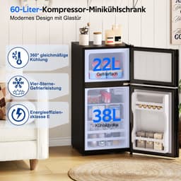 STILVORA Mini Koelkast – 60 Liter Met Vriesvak En Ledverlichting – 42,5 x 44,5 x 87,5 cm – Roestvrij Staal – Zwart – Voor Keuken En Kantoor — thumbnail 2