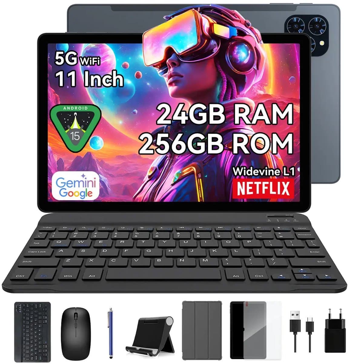 TABWEE Tablet - T90 Gemini AI Tablet - 24GB RAM - 128GB ROM - 8000 mAh - 11 Inch - Android 16 - Met Toetsenbord(QWERTY) - Hoes - Stylus - Muis - Grijs — afbeelding 1