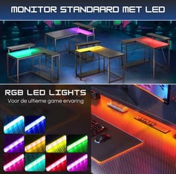 Five Stars® L-Vormig Game Bureau - 107x80x76 cm - Game Bureau met LED verlichting - Zwart Carbon - Hoekbureau - Gaming Desk - Computertafel — thumbnail 9