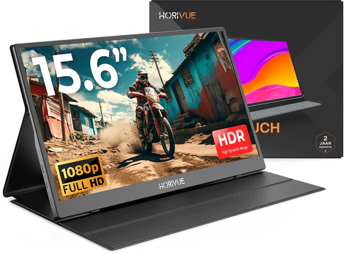 HoriVue Premium Portable Monitor 15.6 inch - Full HD - Extra Scherm Laptop - Draagbare Monitor - Gaming - IPS Beeldscherm - Plug & Play - Incl Beschermhoes - 2025 model — afbeelding 1