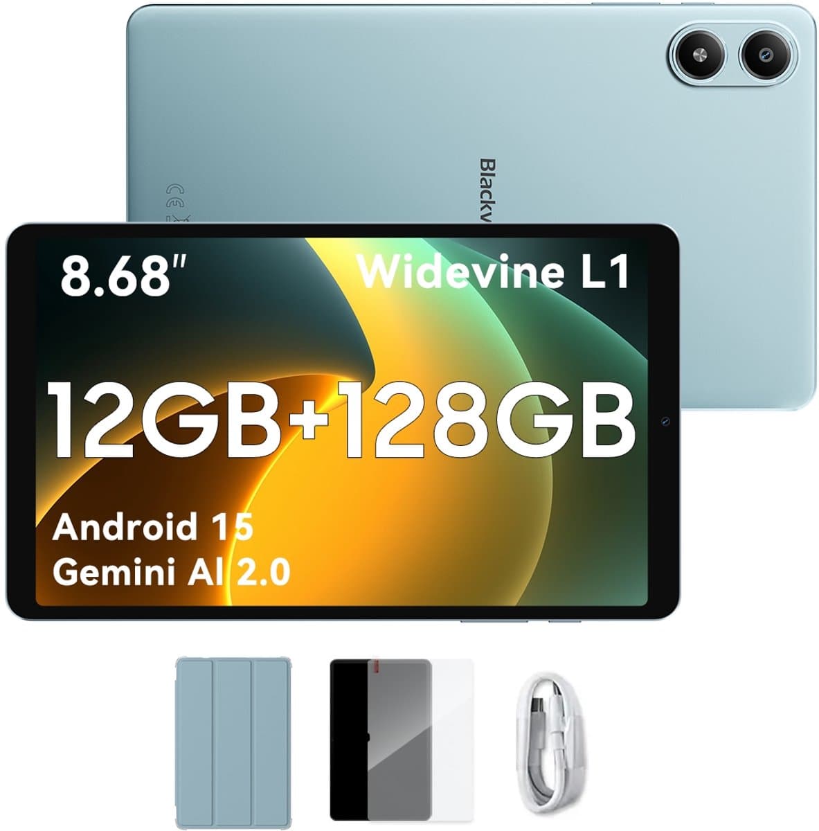Blackview Tablet - LINK 2 Tablet - 12 GB RAM - 128 GB ROM - 1080P Full HD-video - 8.68 inch - MediaTek Hallo G100 - 5000 mAh - Android 15 - Octa Core - Blauw — afbeelding 1