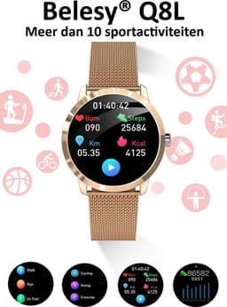 Belesy® Q8LG 2022 - Smartwatch Dames – Smartwatch Heren - Horloge- 1.09 inch - Kleurenscherm - Stappenteller - Bloeddruk - Hartslag - 75+ Wijzerplaten – Sporten - Staal – Rosé Goud — thumbnail 18