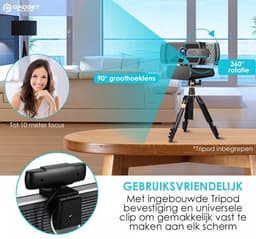Full HD Webcam met Ruisvrije Microfoon - Incl. Tripod en Webcam Cover - 1080P - Voor Laptop en PC - Windows en Mac — thumbnail 4