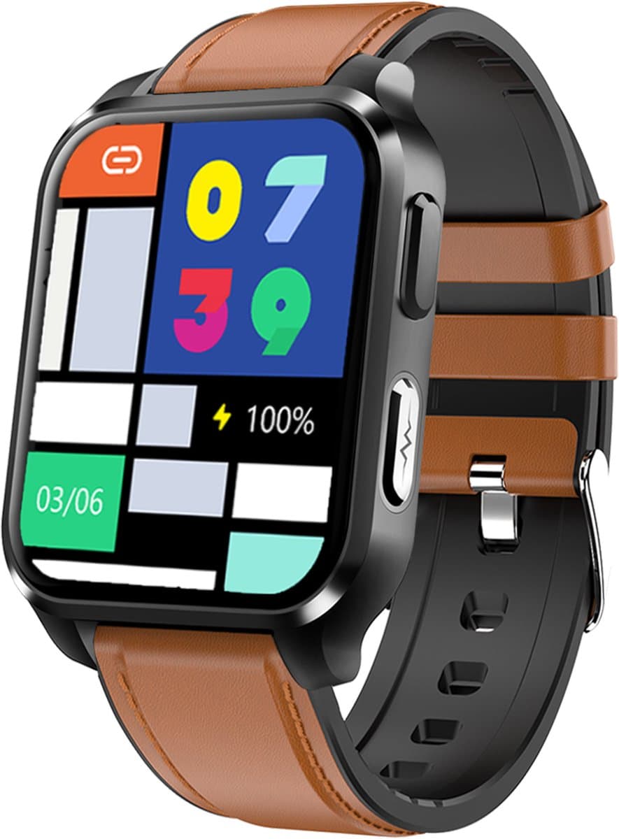 Belesy® ARTIFICIAL - Smartwatch Dames - Smartwatch Heren - Horloge - 1.70 inch – kleurenscherm – Stappenteller – Calorieën - Gezondheidsindicatoren – Je eigen foto als wijzerplaat - Leer – Bruin – Zwart - Moederdag — afbeelding 1