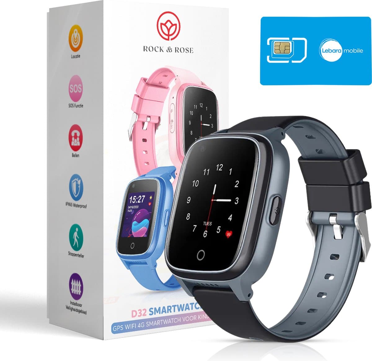 Rock&Rose 4G GPS Horloge Kind - Inclusief Simkaart - SOS Functie - Kinder Smartwatch - Kinderhorloge Meisje/Jongen Smartwatch - Smartwatch Kinderen - Zwart — afbeelding 1