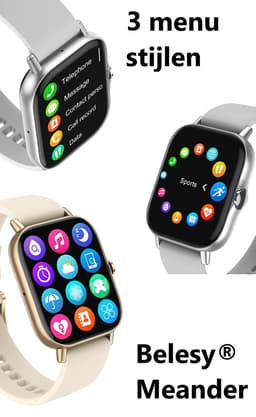 Belesy® Meander - Smartwatch Dames - Smartwatch Heren - Horloge - 1.78 inch – Hoge resolutie kleurenscherm - Stappenteller – Bloeddruk - Bluetooth bellen - Veel Wijzerplaten – Goud – Siliconen – Crème Wit - Moederdag — thumbnail 10
